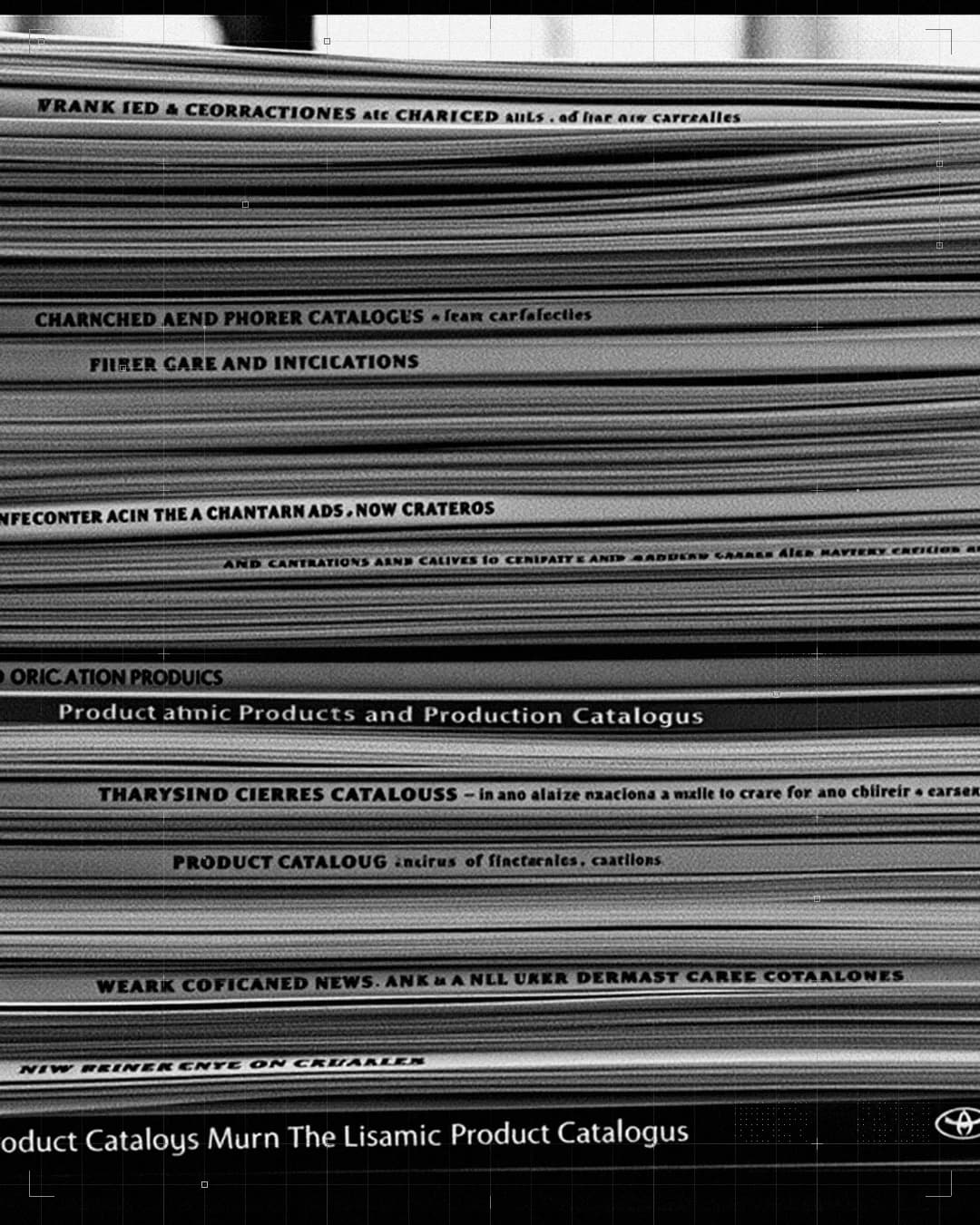 A tall stack of printed product catalogs with colored tabs and sticky flags.