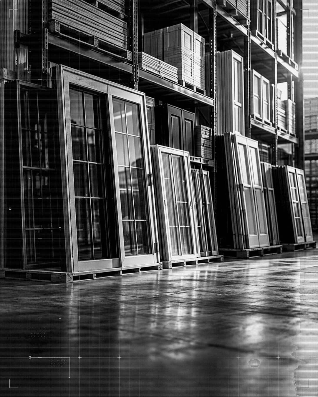 Windows and doors racked in a building-materials warehouse.