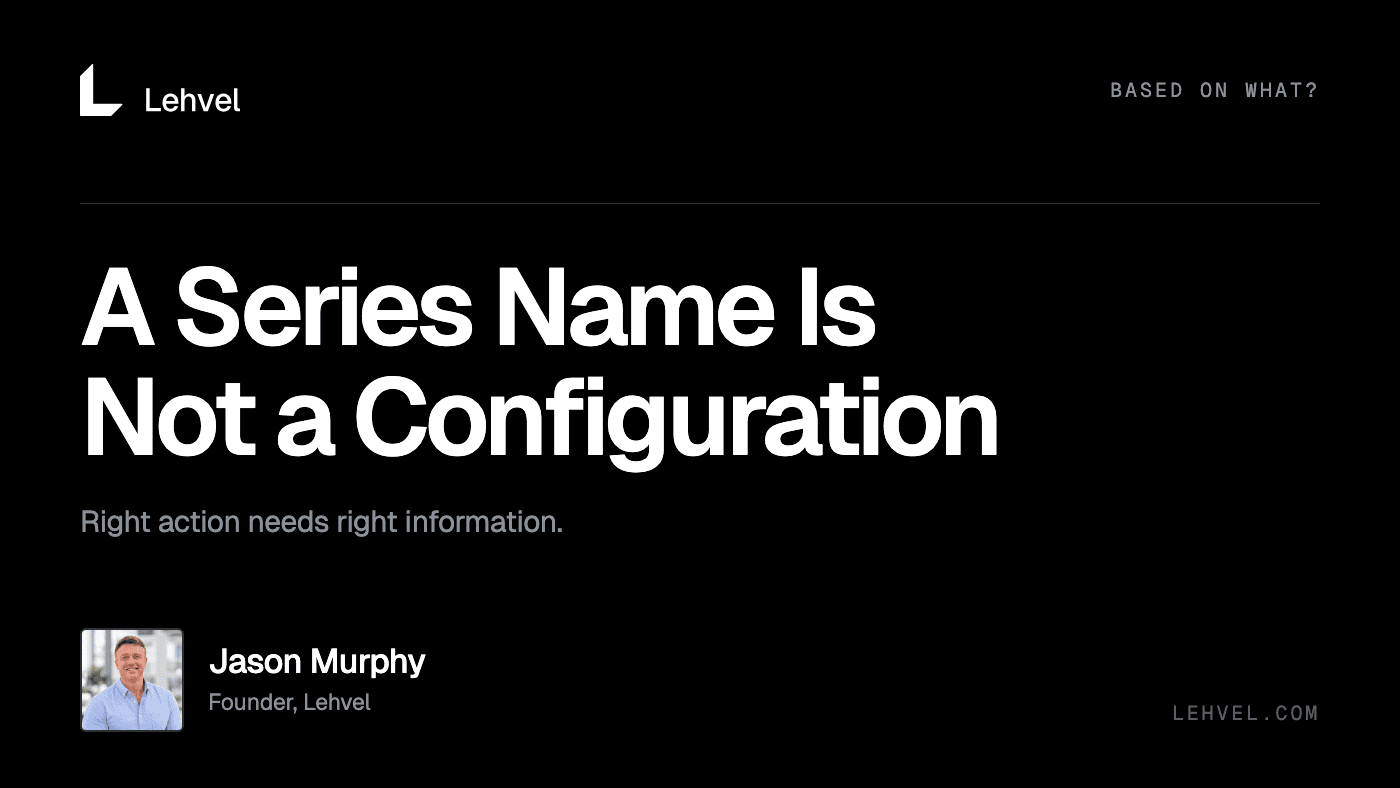 Cover: "A Series Name Is Not a Configuration", an essay in the Based on What? series. Portrait of Jason Murphy, founder of Lehvel.